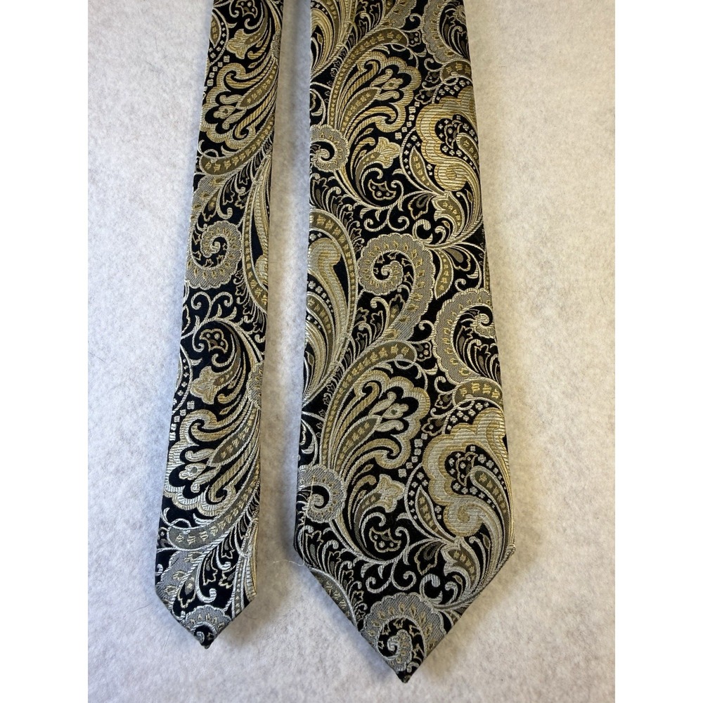 SEAN JOHN Silk Tie Black Gold Jacquard Paisley Designer Mens Necktie
